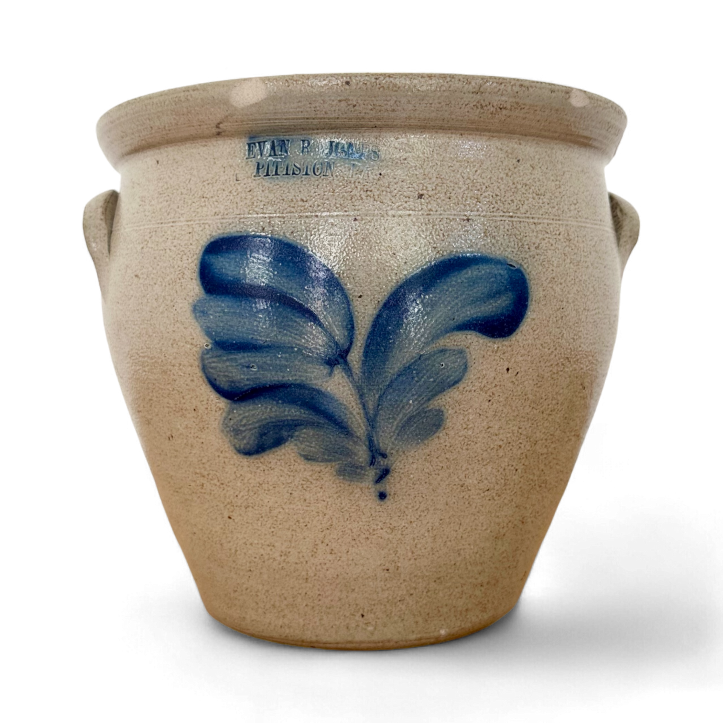 Evan R. Jones, PA Salt Glazed Stoneware Crock With Cobalt Tulip