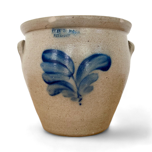 Evan R. Jones, PA Salt Glazed Stoneware Crock With Cobalt Tulip