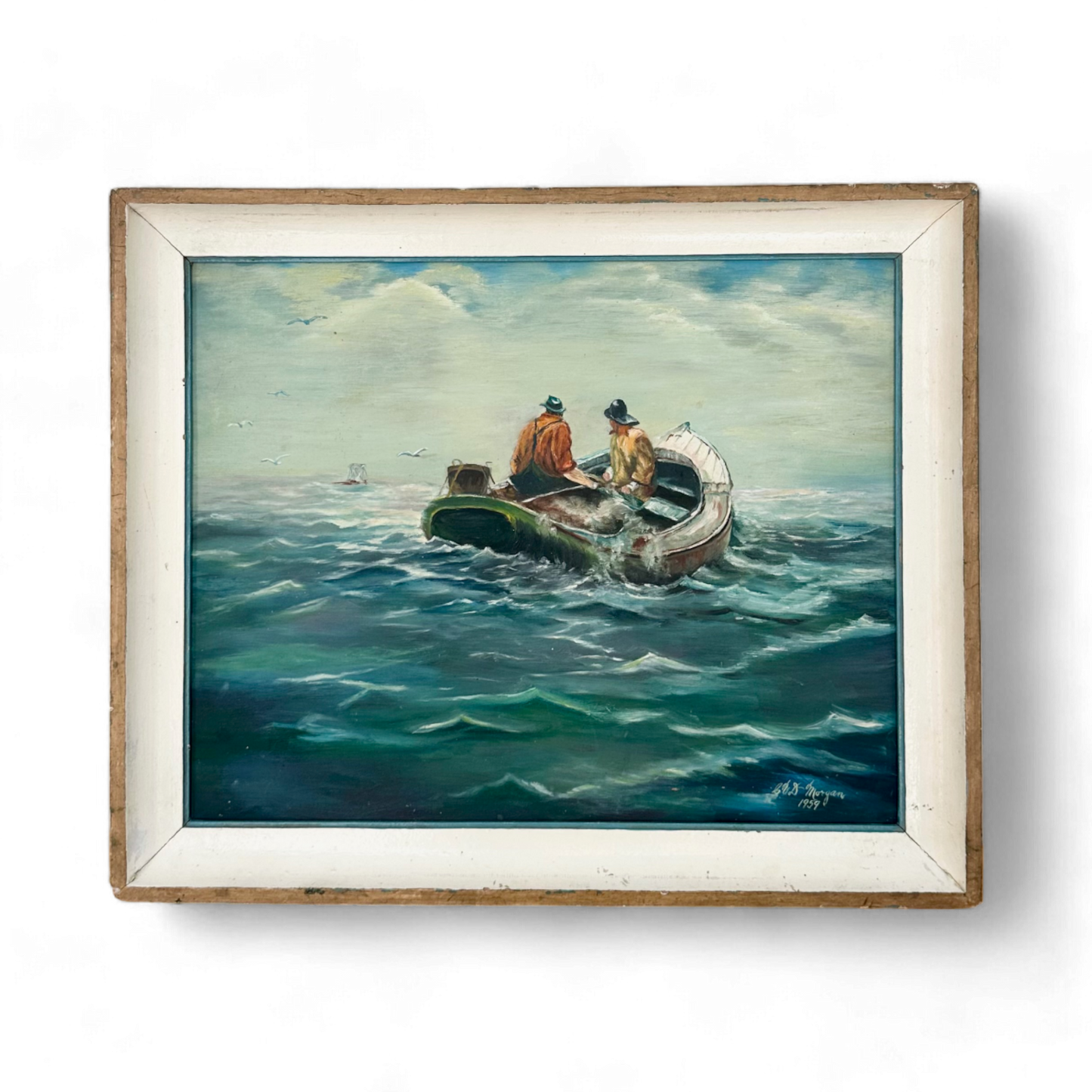 Vintage Fishermen Seascape Oil On Board Painting