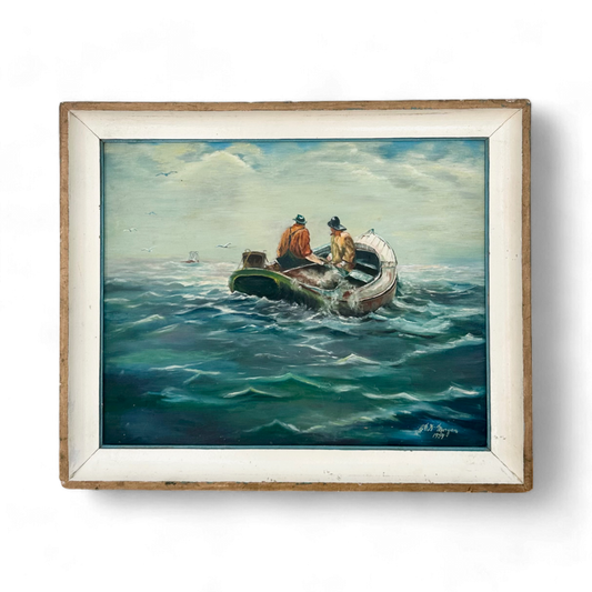 Vintage Fishermen Seascape Oil On Board Painting