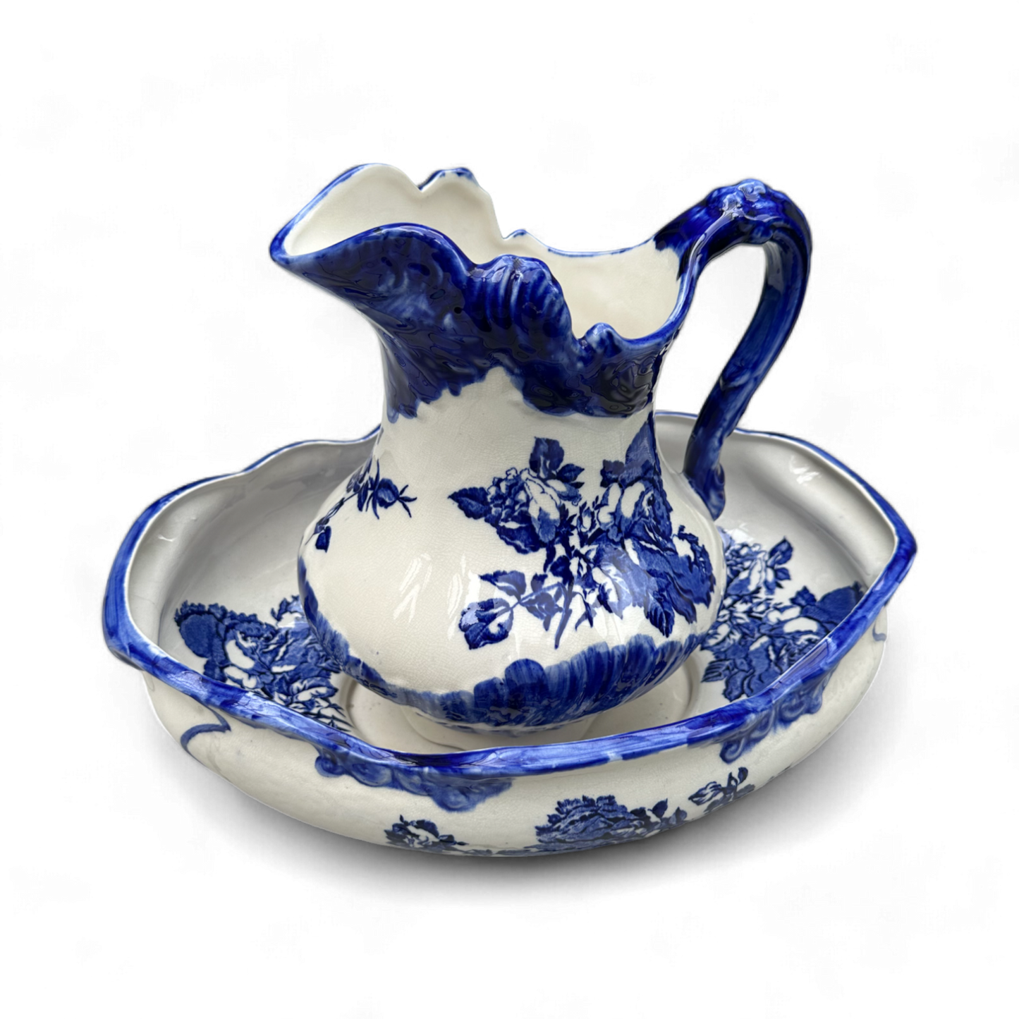 Vintage Staffordshire Blue and White Pitcher and Basin