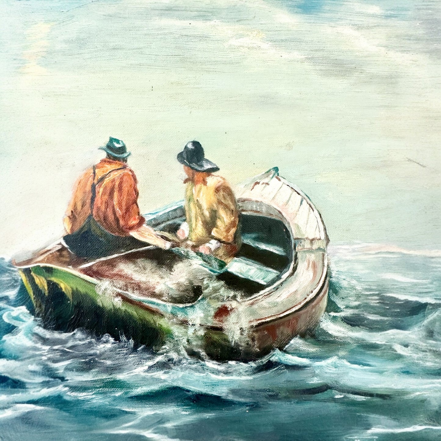 Vintage Fishermen Seascape Oil On Board Painting